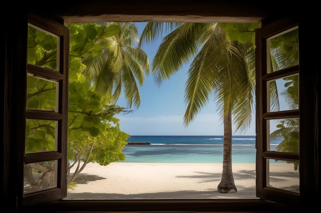 Una ventana con vista a la playa y palmeras.