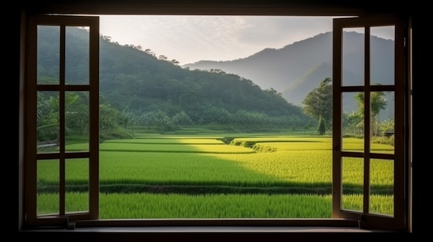 Una ventana con vista a un valle verde