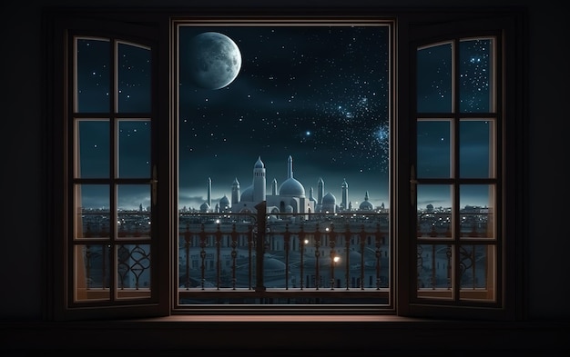 Una ventana con vistas a la luna y las estrellas de la mezquita.