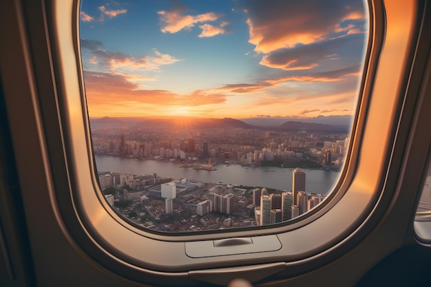 Ventana Wanderlust Skyline Gems Capture los principales horizontes de la ciudad desde la ventana del avión que revela la icónica la