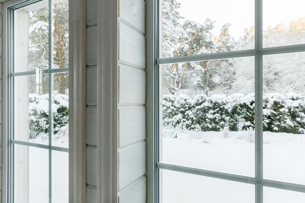 Ventanas con aislamiento de vinilo para el hogar con vista invernal de árboles y plantas nevados