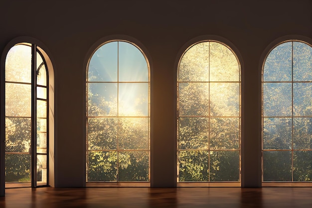 Ventanas arqueadas antiguas con vistas a los árboles verdes