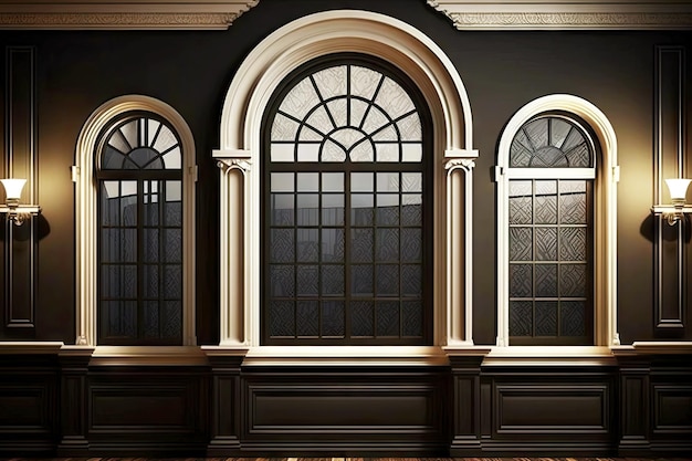 Ventanas arqueadas con paneles elegantes con molduras de madera brillante y panel negro