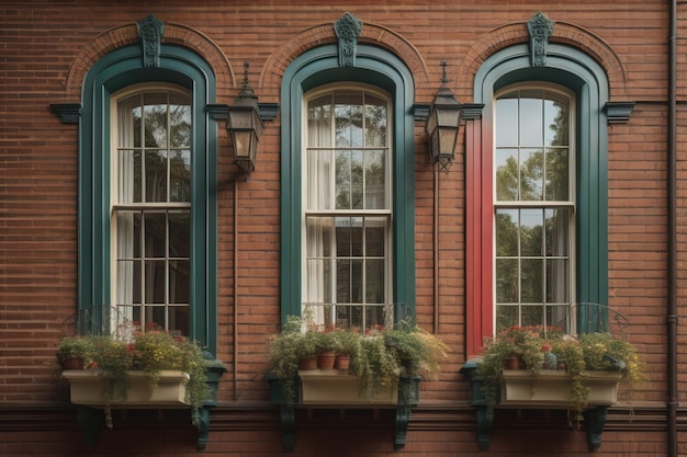 Ventanas de un edificio antiguo con un jarrón de flores en primer plano