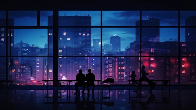 ventanas de edificios de la ciudad nocturna con luz borrosa y siluetas de personas