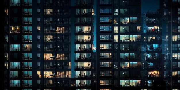 ventanas de edificios de la ciudad nocturna con luz borrosa y siluetas de personas