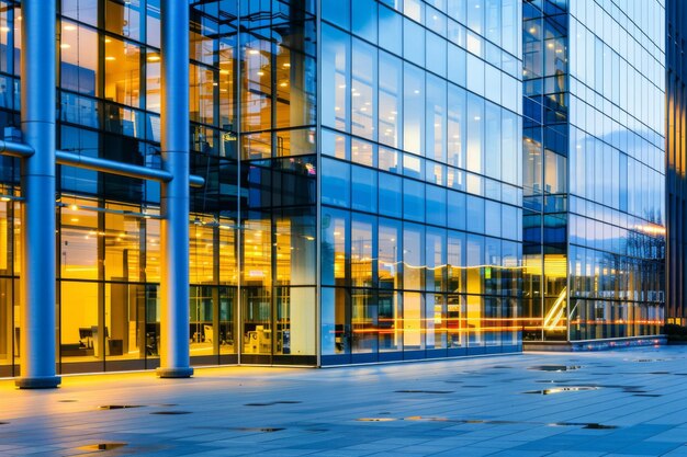 Foto ventanas de edificios de oficinas modernas iluminadas por la noche noche temprano en la mañana largas horas de trabajo agotamiento