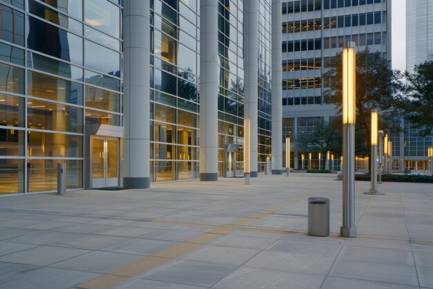 Foto ventanas de edificios de oficinas modernas iluminadas por la noche noche temprano en la mañana largas horas de trabajo agotamiento