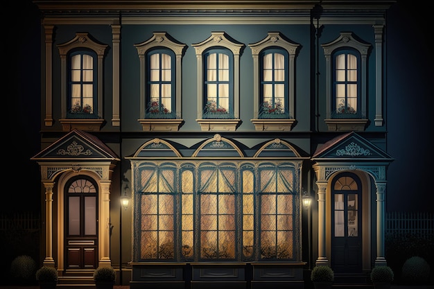 Ventanas iluminadas del exterior de la casa de una casa clásica por la noche
