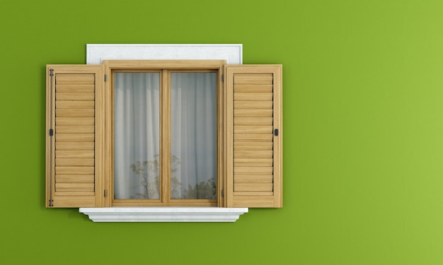 Ventanas de madera en pared verde