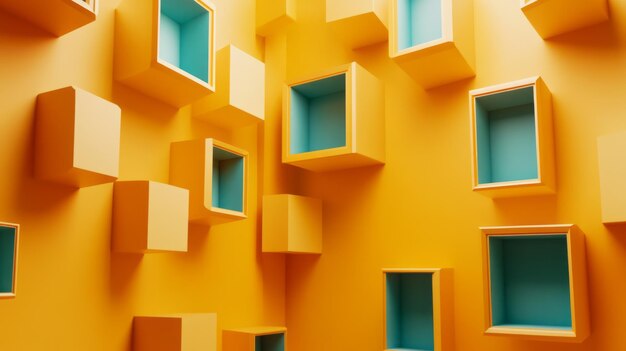ventanas múltiples de forma geométrica en 3D con fondo amarillo flotante
