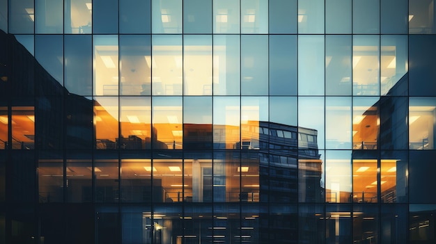 Ventanas de oficinas brillantes durante la puesta de sol en la ciudad