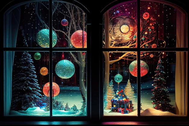 Ventanas de plástico brillante con adornos navideños en exhibición