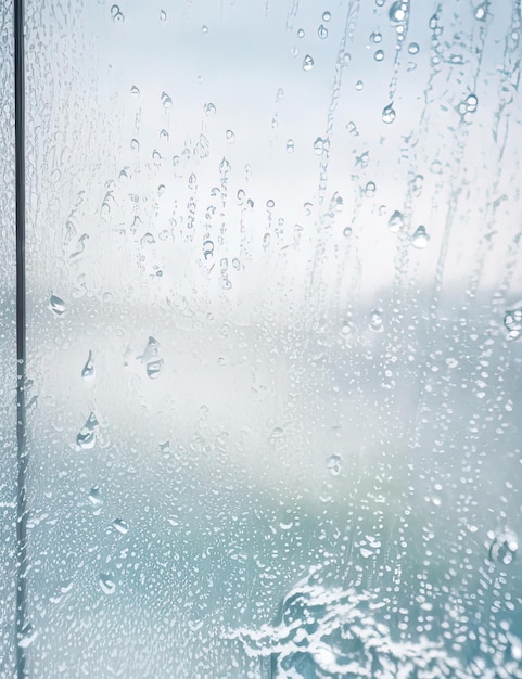 Ventanas de vidrio de belleza tranquila con gotas de agua y nieve relucientes