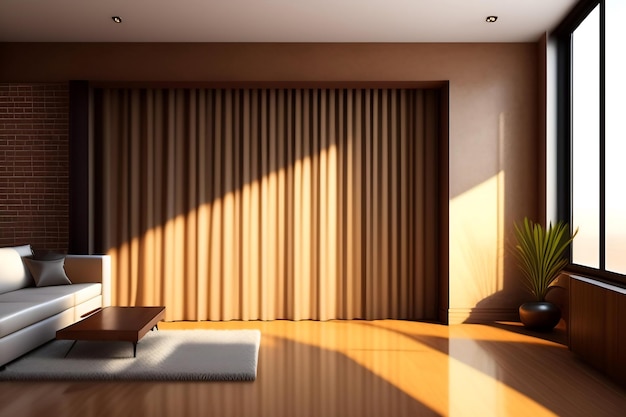 Ventilação branca cortina transparente janela de madeira com banquinho em vazio luxuoso tijolo sala de parede marrom em sunli