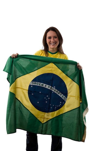 Ventilador brasileño femenino celebrando en un espacio en blanco.