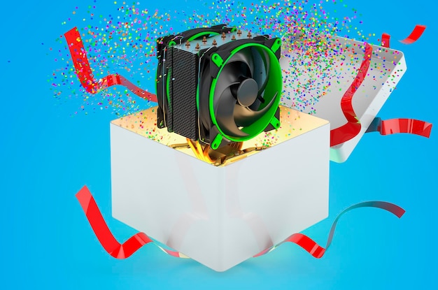 Ventilador de la CPU dentro de la representación 3D del concepto de regalo de la caja de regalo