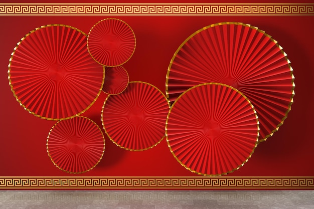 Ventilador de estilo chinês vermelho tradicional decoração renderização em 3d