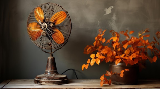 Foto ventilador de mesa vintage com uma pátina termina a brisa quente torcendo folhas de outono laranja em um cenário rústico