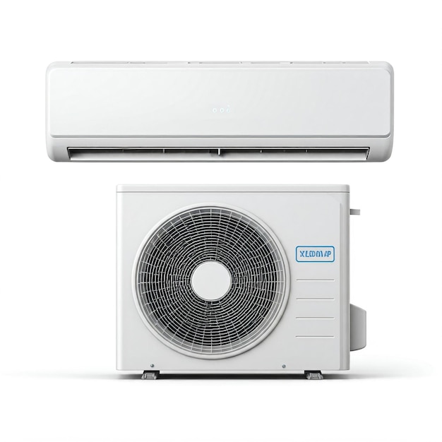 un ventilador eléctrico blanco con una etiqueta azul en él