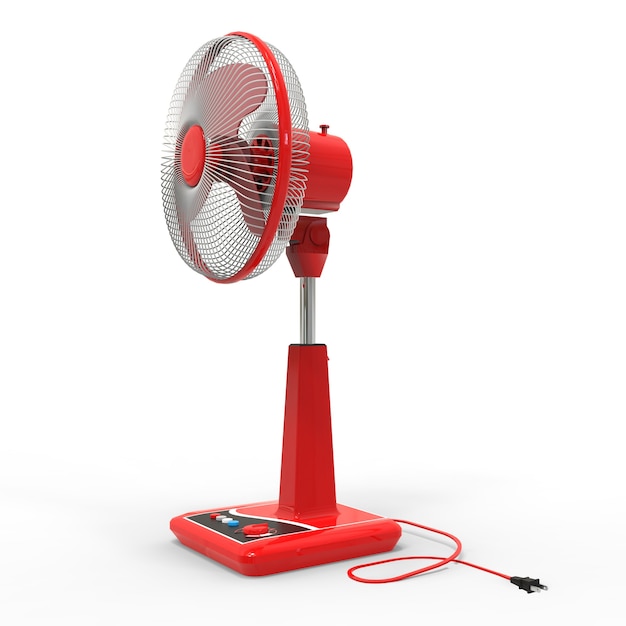 Ventilador eléctrico rojo. Modelo tridimensional sobre un fondo blanco. Ventilador con botones de control en el soporte. Un dispositivo simple para la ventilación del aire. Ilustración 3D.