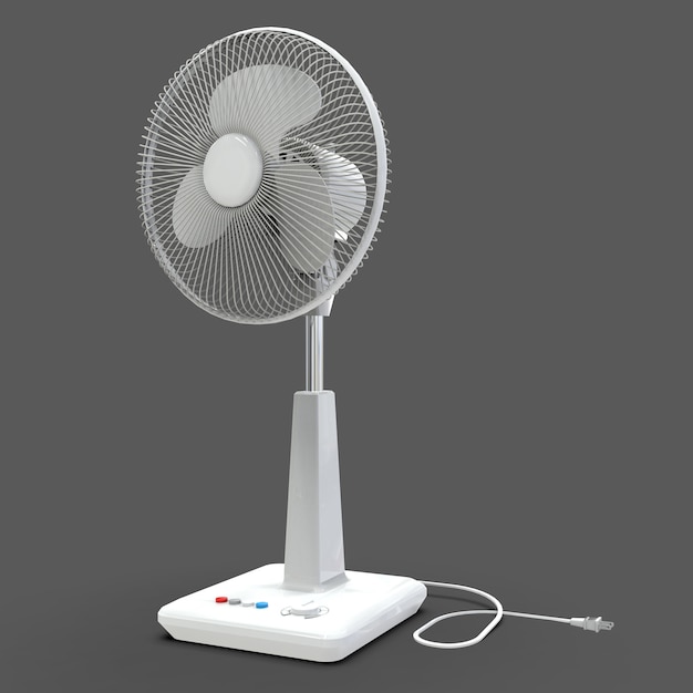 Ventilador elétrico branco. Modelo tridimensional em uma superfície cinza. Ventilador com botões de controle no suporte. Um dispositivo simples para ventilação do ar