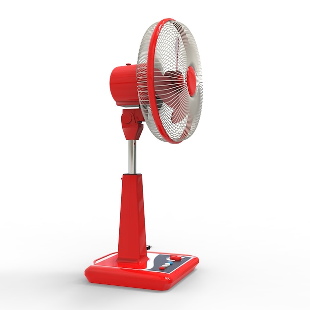 Ventilador elétrico vermelho. Modelo tridimensional em um fundo branco. Ventilador com botões de controle no suporte. Um dispositivo simples para ventilação de ar. Ilustração 3D.