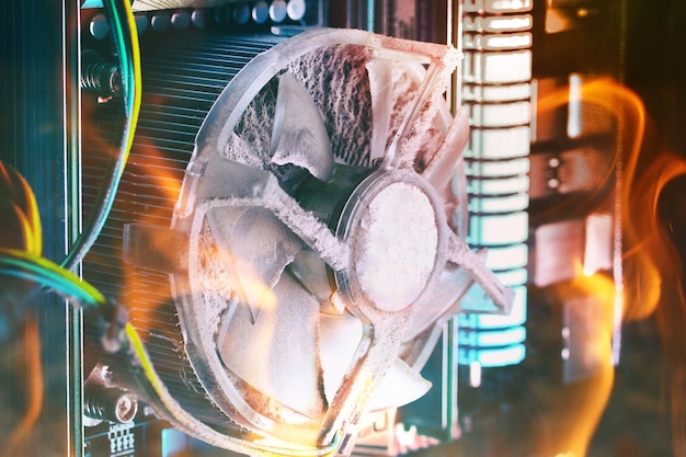 Ventilador del enfriador de la unidad del sistema informático antiguo con polvo en el interior y llama. Concepto de piezas de computadora quemadas