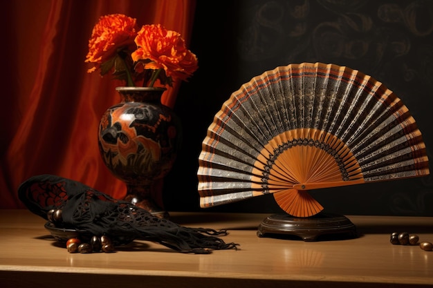 Ventilador de flamenco tradicional y castañetas en la mesa