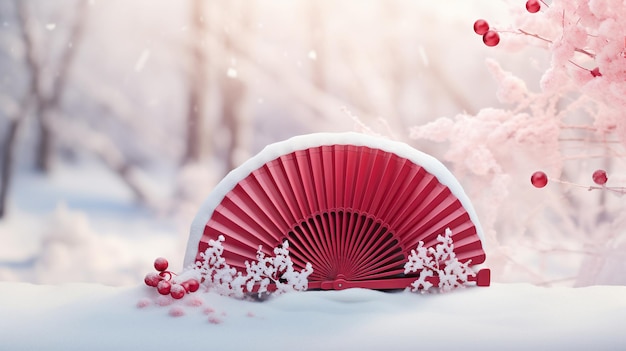 Ventilador japonés tradicional con fondo de paisaje invernal de nieve contenido generado por IA