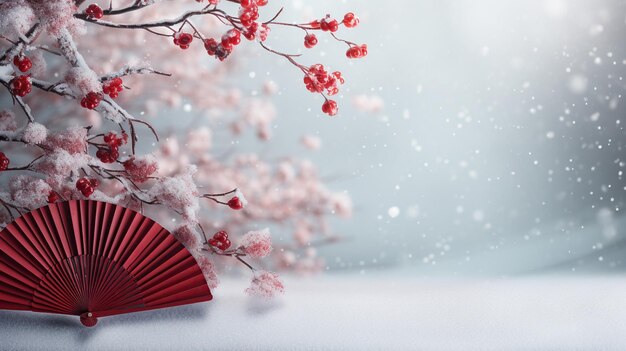 Ventilador japonés tradicional con fondo de paisaje invernal de nieve contenido generado por IA