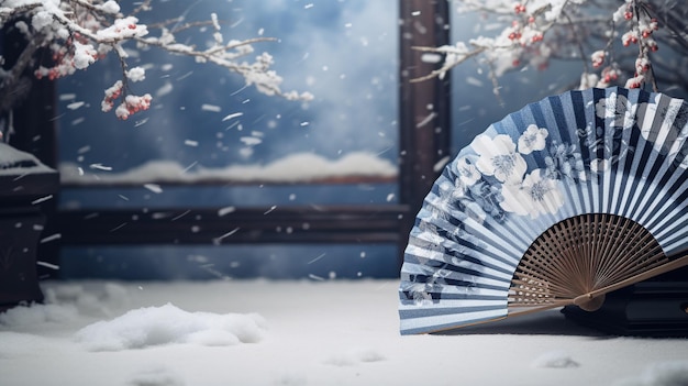 Ventilador japonés tradicional con fondo de paisaje invernal de nieve contenido generado por IA