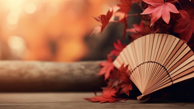 Ventilador japonés tradicional con hojas de otoño rojas vibraciones de otoño fondo contenido generado por IA