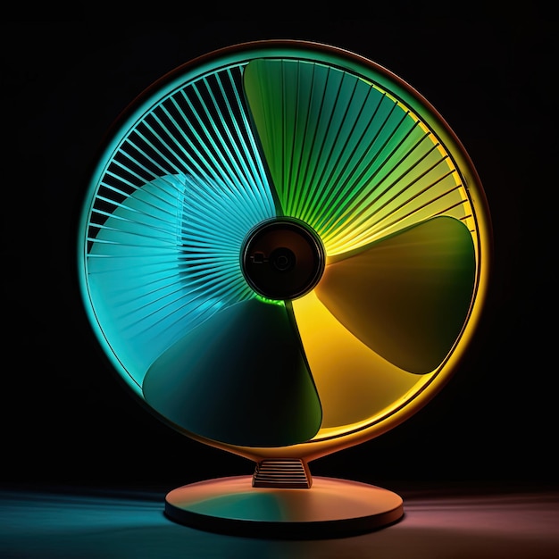 Ventilador de mesa eléctrico girando verde y amarillo sobre fondo negro IA generativa