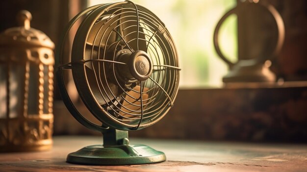 Un ventilador en una mesa frente a una ventana.