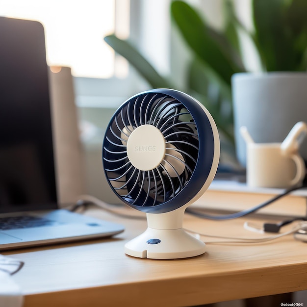 Foto ventilador pequeño en su lado en un escritorio