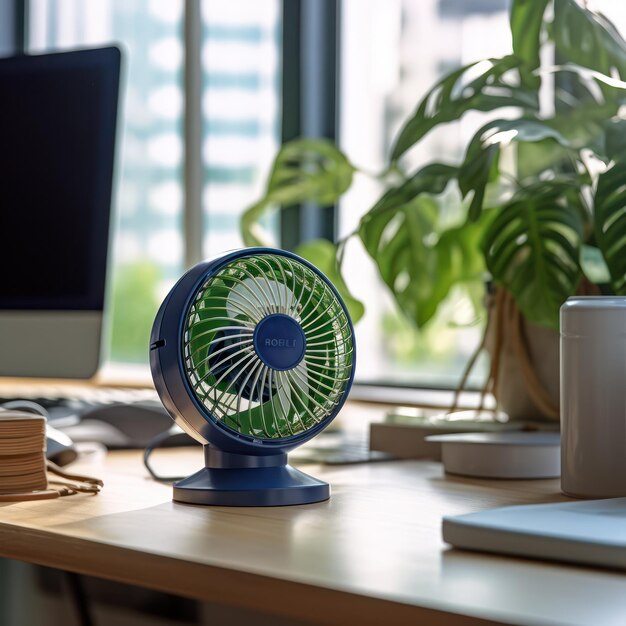 Foto el ventilador está sentado encima de un escritorio