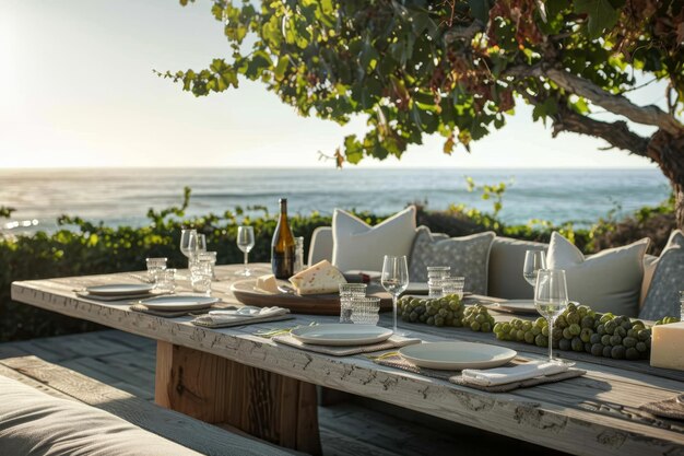 Una ventosa terraza de viñedos junto al mar con vistas al océano con vasos y platos de queso Una mesa de servicio vacía invita a diseños contra el sereno telón de fondo costero