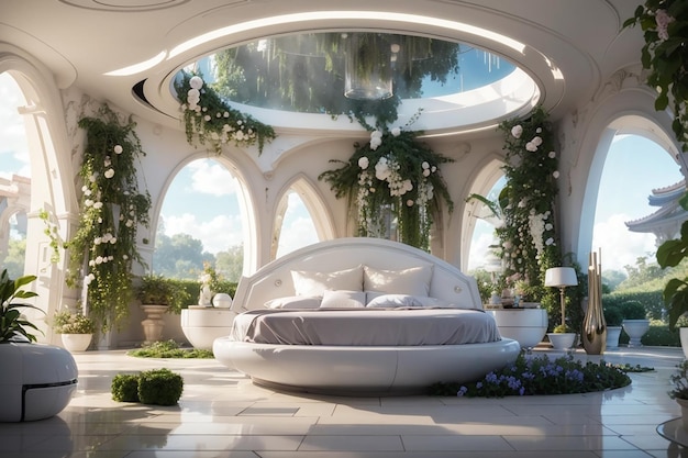 Venusian Venus Um quarto futurista com nuvens flutuantes e jardins exuberantes