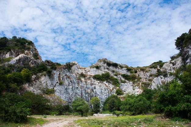 Ver a paisagem é uma série de pequenas montanhas de calcário no parque de pedra de Tham Khao Ngu com céu azul nublado para o povo tailandês e viajantes estrangeiros, visita, descanso, relaxamento em Ratchaburi, Tailândia