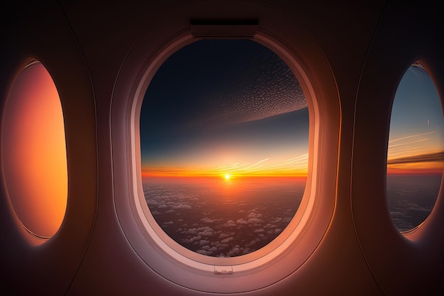 Ver el amanecer a través de la ventana de un avión