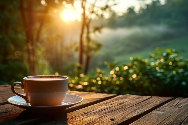 ver Charme rústico Café ao nascer do sol na mesa de madeira em meio a uma vegetação exuberante