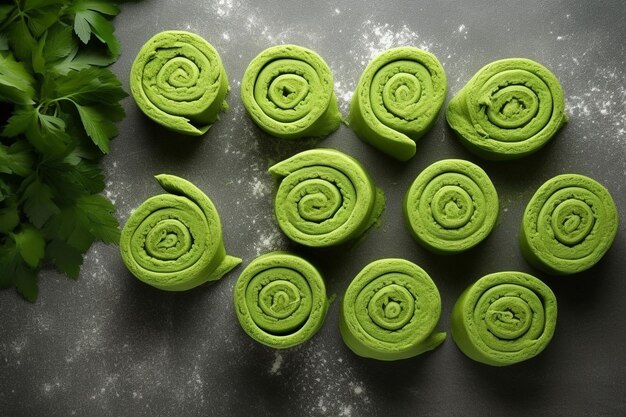 Foto ver de cima deliciosos qutabs enrolados em verde recheados de fatias de massa em um espaço cinza