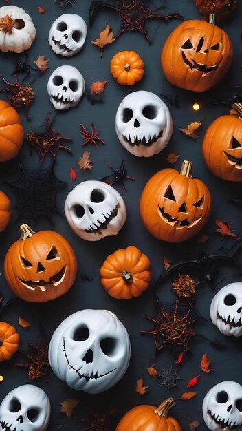Foto ver de cima elementos assustadores de halloween com espaço de cópia
