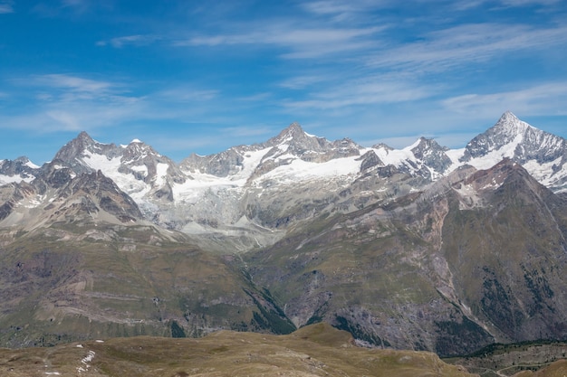 Ver escenas de montañas de cerca en el parque nacional de Zermatt, Suiza, Europa. Paisaje de verano, clima soleado, espectacular cielo azul y día soleado