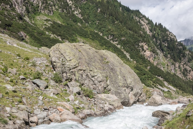 Ver escenas de primer plano del río en las montañas, el parque nacional de Suiza, Europa. Paisaje de verano, clima soleado, espectacular cielo azul y día soleado