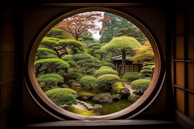 Ver el jardín japonés a través de la ventana circular.