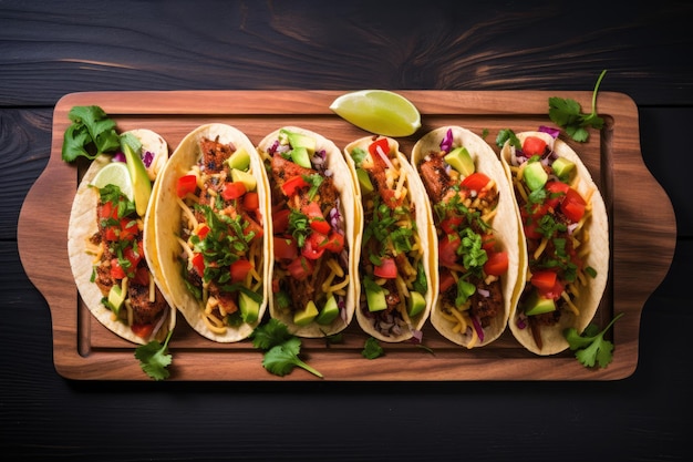 Ver los mejores tacos veganos en una tabla de madera sobre un fondo blanco