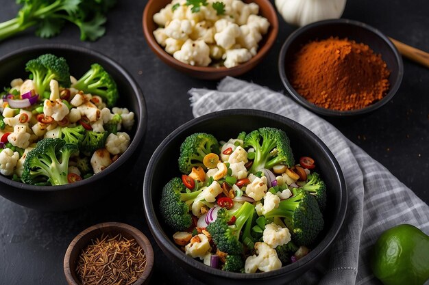 Ver la mitad superior de brócoli y ensalada de coliflor en cuenco negro diferentes especias en cuencos en arco oscuro c