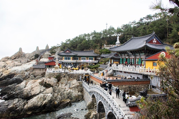 Ver el paisaje a lo largo de la costa y el templo Haedong Yonggungsa para los viajeros coreanos que viajan visitan respeto oración bendición deseo buda en Gijang el 18 de febrero de 2023 en Busan o Pusan Corea del Sur